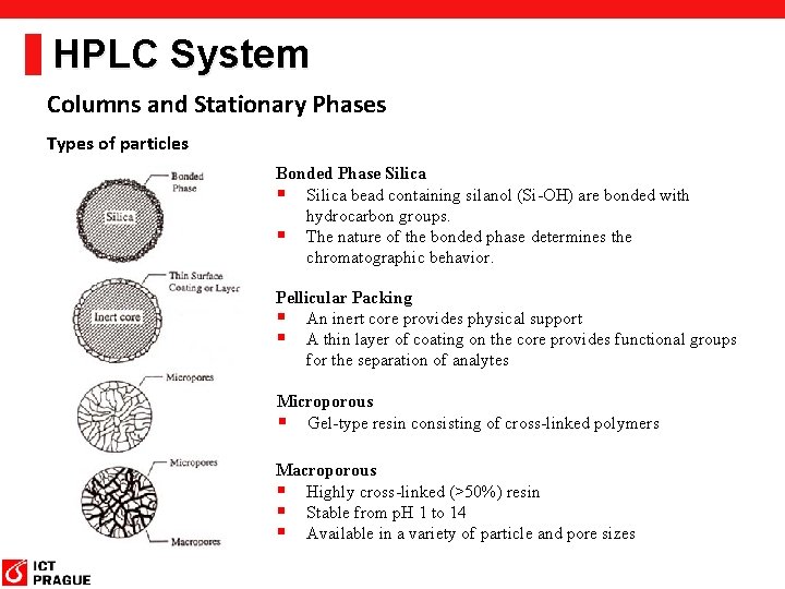 HPLC System Columns and Stationary Phases Types of particles Bonded Phase Silica § Silica