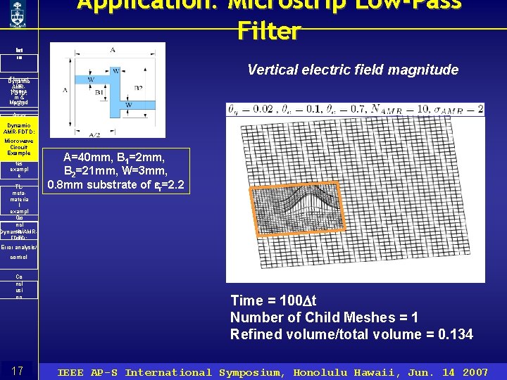 Application: Microstrip Low-Pass Filter Int ro ro Vertical electric field magnitude Floquet Dynamic ’s