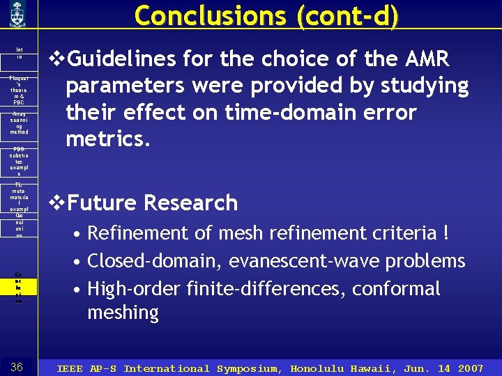 Conclusions (cont-d) Int ro Floquet ’s theore m& PBC Array scanni ng method PBG