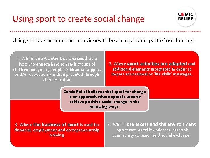 Using sport to create social change Using sport as an approach continues to be