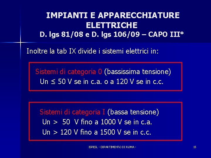 IMPIANTI E APPARECCHIATURE ELETTRICHE D. lgs 81/08 e D. lgs 106/09 – CAPO III°