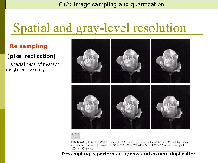 Ch 2: image sampling and quantization Spatial and gray-level resolution Re sampling (pixel replication)