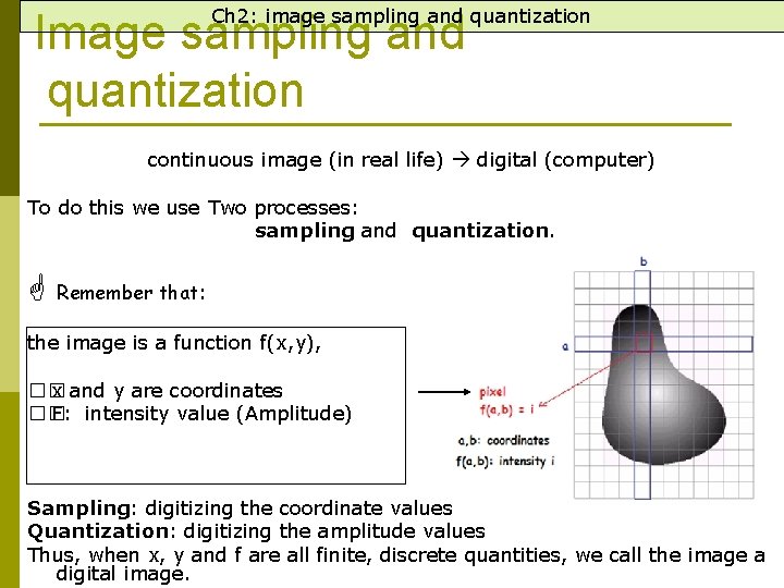 Ch 2: image sampling and quantization Image sampling and quantization continuous image (in real