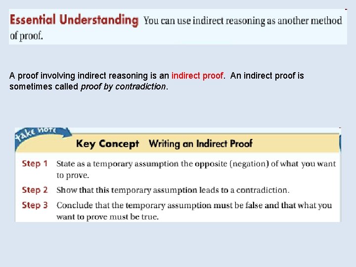 A proof involving indirect reasoning is an indirect proof. An indirect proof is sometimes