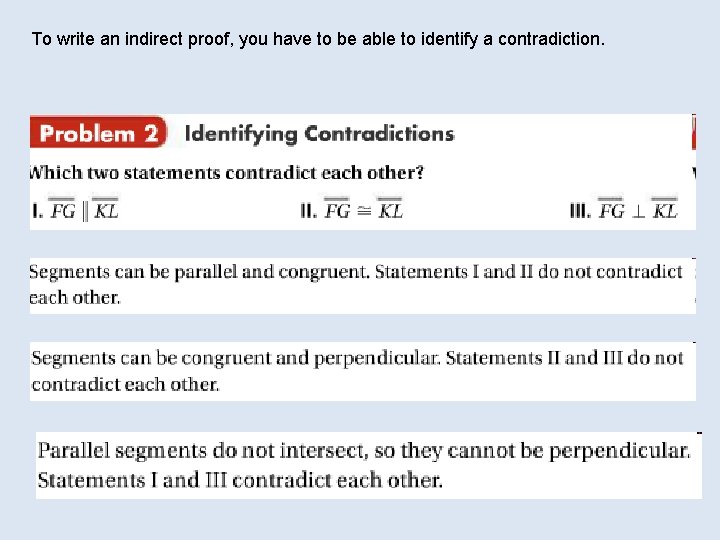 To write an indirect proof, you have to be able to identify a contradiction.