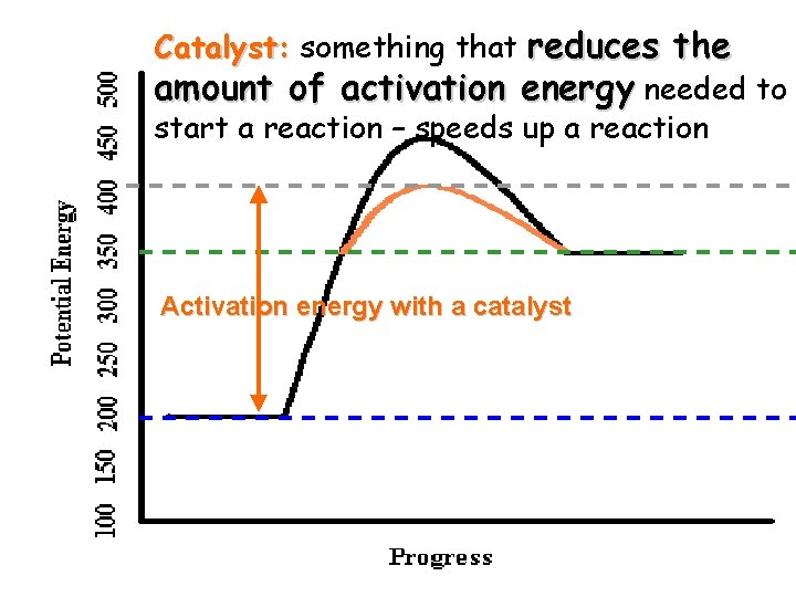 Catalyst: something that reduces the amount of activation energy needed to start a reaction Catalyst: something that reduces the amount of activation energy needed to start a reaction