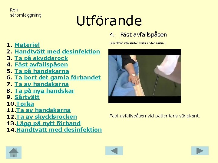 Ren såromläggning Utförande 4. Fäst avfallspåsen 1. Materiel 2. Handtvätt med desinfektion 3. Ta