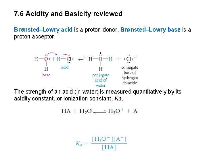 7. 5 Acidity and Basicity reviewed Brønsted–Lowry acid is a proton donor, Brønsted–Lowry base 7. 5 Acidity and Basicity reviewed Brønsted–Lowry acid is a proton donor, Brønsted–Lowry base