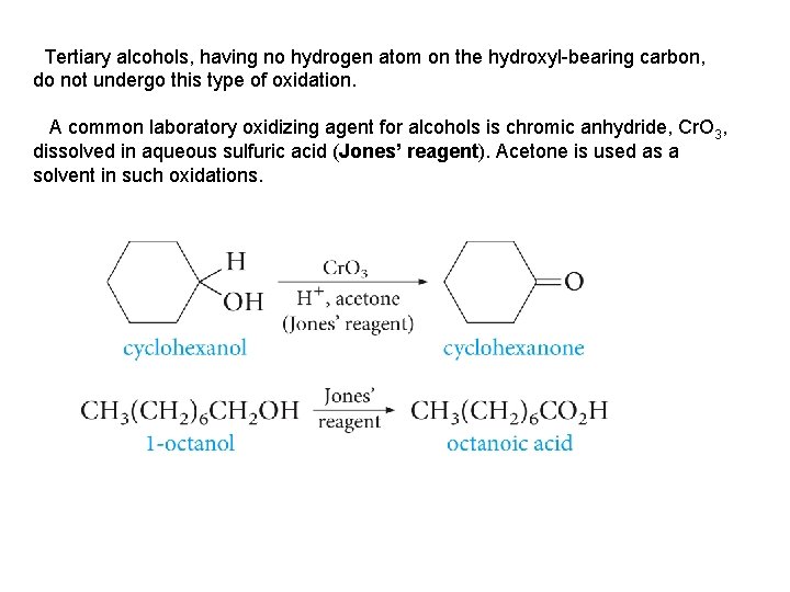 Tertiary alcohols, having no hydrogen atom on the hydroxyl-bearing carbon, do not undergo this Tertiary alcohols, having no hydrogen atom on the hydroxyl-bearing carbon, do not undergo this