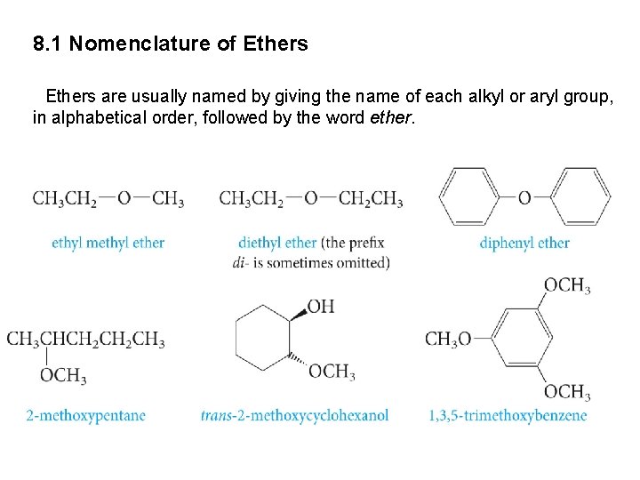 8. 1 Nomenclature of Ethers are usually named by giving the name of each