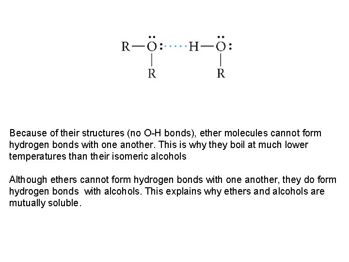 Because of their structures (no O-H bonds), ether molecules cannot form hydrogen bonds with Because of their structures (no O-H bonds), ether molecules cannot form hydrogen bonds with