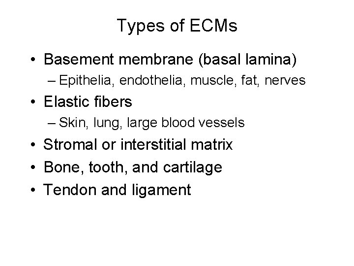 Types of ECMs • Basement membrane (basal lamina) – Epithelia, endothelia, muscle, fat, nerves