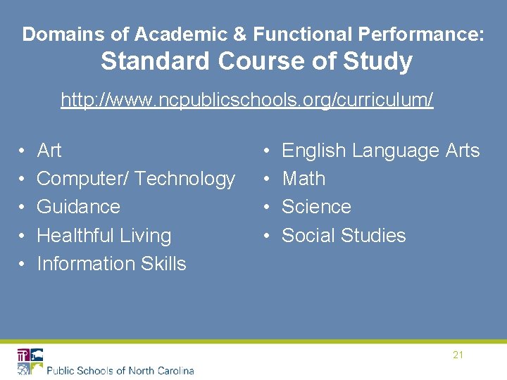 Domains of Academic & Functional Performance: Standard Course of Study http: //www. ncpublicschools. org/curriculum/