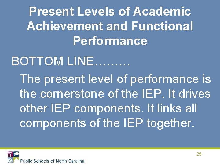 Present Levels of Academic Achievement and Functional Performance BOTTOM LINE……… The present level of