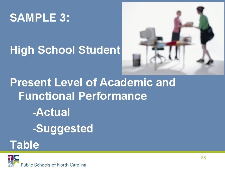 SAMPLE 3: High School Student Present Level of Academic and Functional Performance -Actual -Suggested