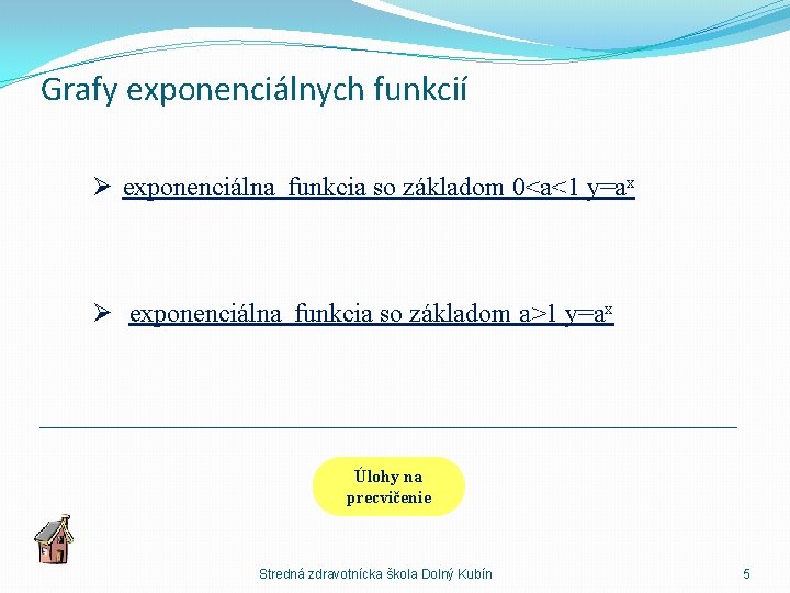 Grafy exponenciálnych funkcií Ø exponenciálna funkcia so základom 0<a<1 y=ax Ø exponenciálna funkcia so