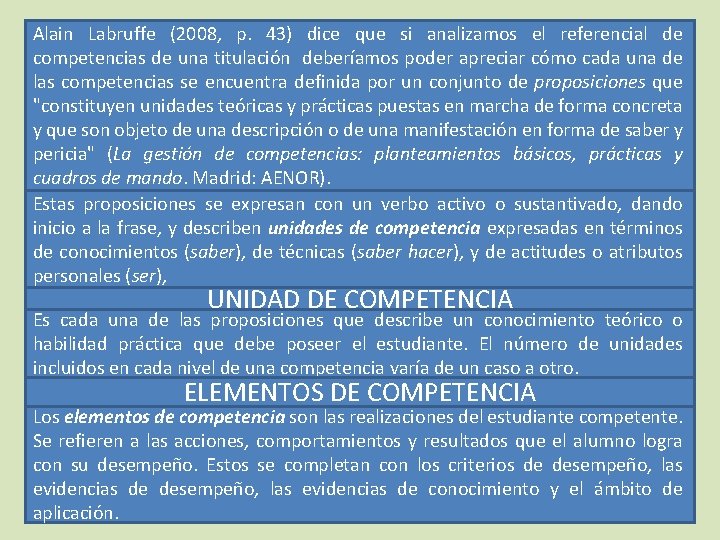 Alain Labruffe (2008, p. 43) dice que si analizamos el referencial de competencias de