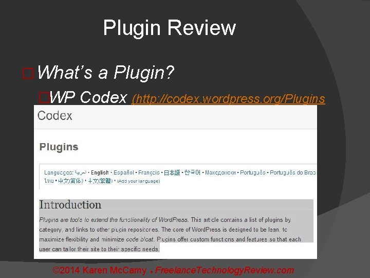 Plugin Review � What’s a Plugin? �WP Codex (http: //codex. wordpress. org/Plugins © 2014