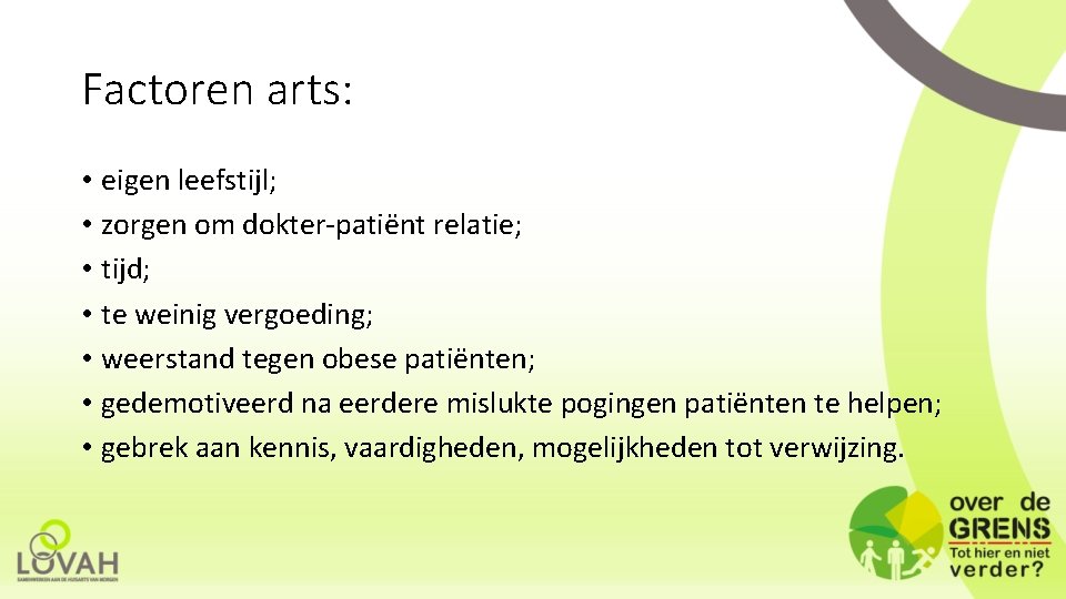 Factoren arts: • eigen leefstijl; • zorgen om dokter patiënt relatie; • tijd; •