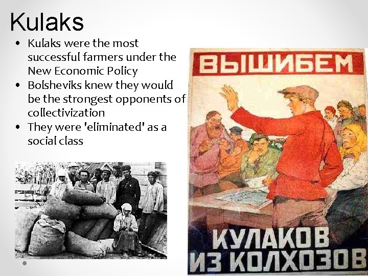 Kulaks • Kulaks were the most successful farmers under the New Economic Policy • Kulaks • Kulaks were the most successful farmers under the New Economic Policy •