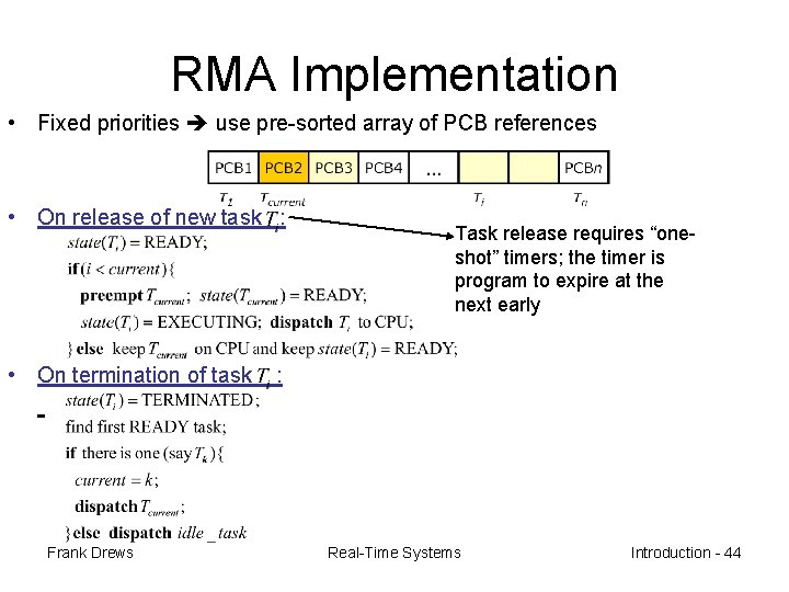 RMA Implementation • Fixed priorities use pre-sorted array of PCB references • On release
