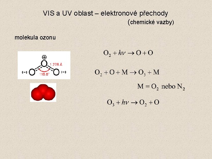 VIS a UV oblast – elektronové přechody (chemické vazby) molekula ozonu 