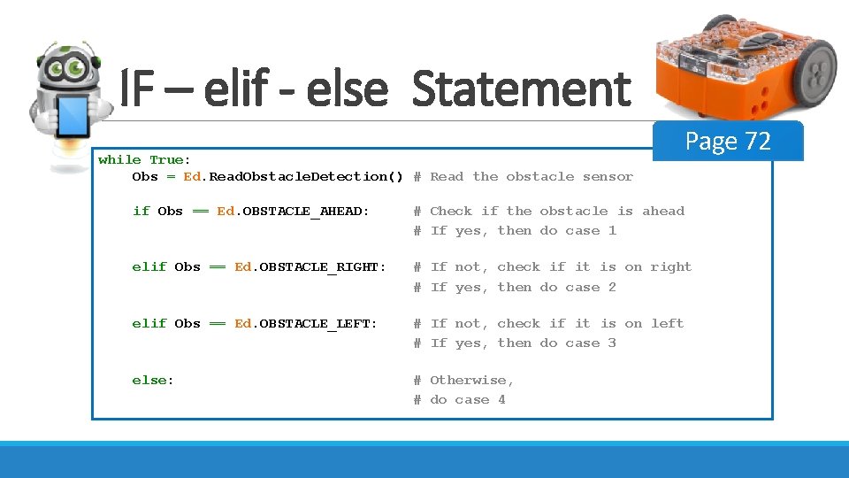 IF – elif - else Statement Page 72 while True: Obs = Ed. Read.