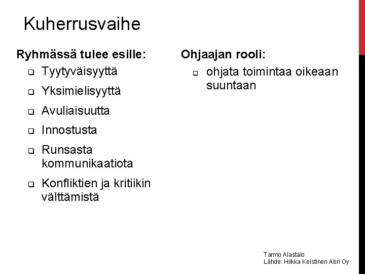 Kuherrusvaihe Ryhmässä tulee esille: q Tyytyväisyyttä q Yksimielisyyttä q Avuliaisuutta q Innostusta q q