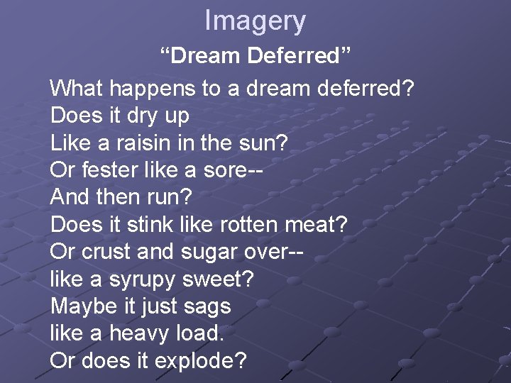 Imagery “Dream Deferred” What happens to a dream deferred? Does it dry up Like