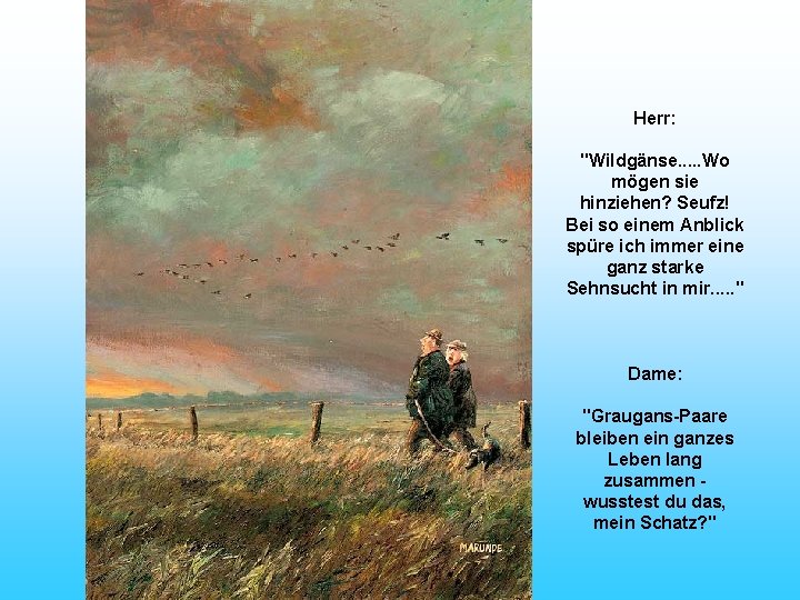  Herr: "Wildgänse. . . Wo mögen sie hinziehen? Seufz! Bei so einem Anblick
