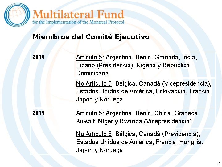 Miembros del Comité Ejecutivo 2018 Artículo 5: Argentina, Benin, Granada, India, Líbano (Presidencia), Nigeria Miembros del Comité Ejecutivo 2018 Artículo 5: Argentina, Benin, Granada, India, Líbano (Presidencia), Nigeria