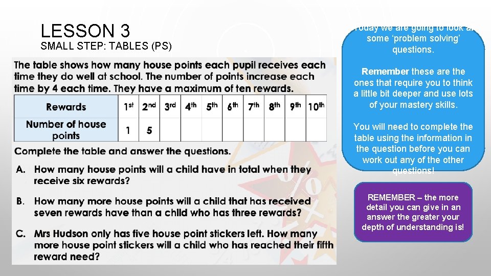 LESSON 3 SMALL STEP: TABLES (PS) Today we are going to look at some