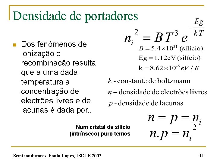 Densidade de portadores n Dos fenómenos de ionização e recombinação resulta que a uma