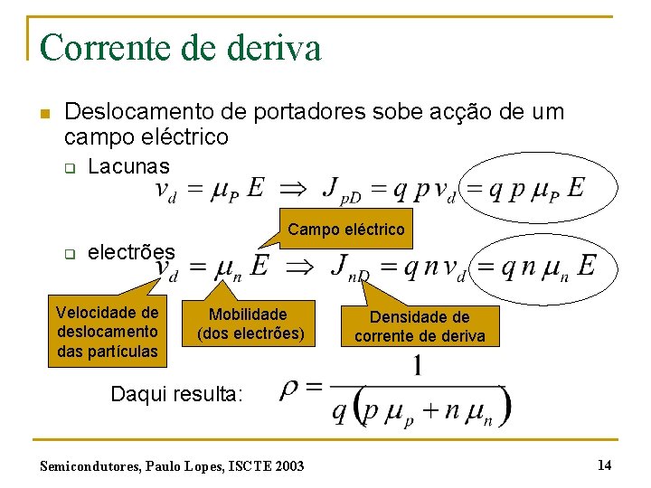 Corrente de deriva n Deslocamento de portadores sobe acção de um campo eléctrico q