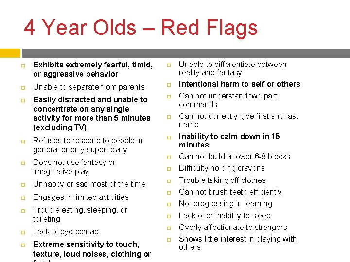 4 Year Olds – Red Flags Exhibits extremely fearful, timid, or aggressive behavior Unable 4 Year Olds – Red Flags Exhibits extremely fearful, timid, or aggressive behavior Unable