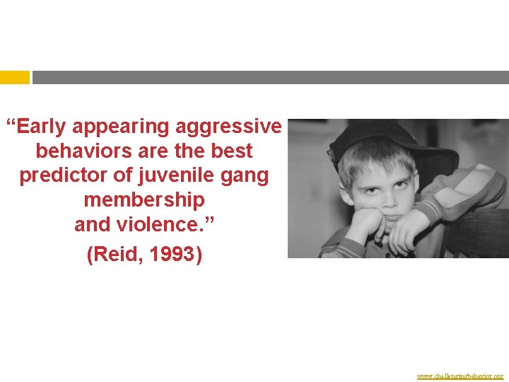 “Early appearing aggressive behaviors are the best predictor of juvenile gang membership and violence. “Early appearing aggressive behaviors are the best predictor of juvenile gang membership and violence.