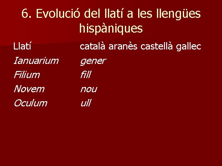 6. Evolució del llatí a les llengües hispàniques Llatí català aranès castellà gallec Ianuarium