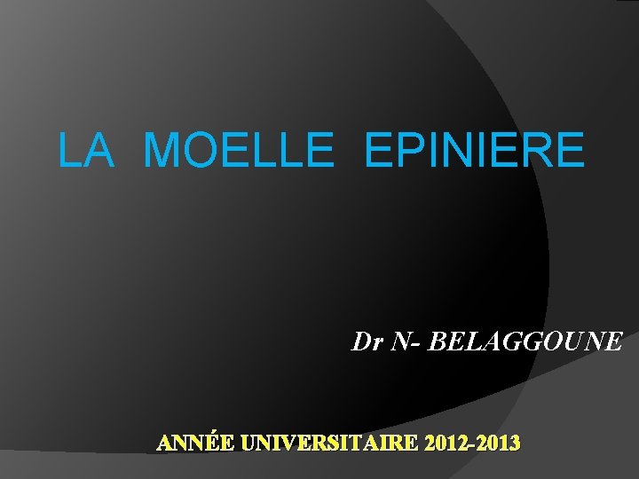 LA MOELLE EPINIERE Dr N- BELAGGOUNE ANNÉE UNIVERSITAIRE 2012 -2013 