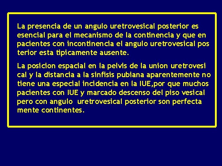 La presencia de un angulo uretrovesical posterior es esencial para el mecanismo de la