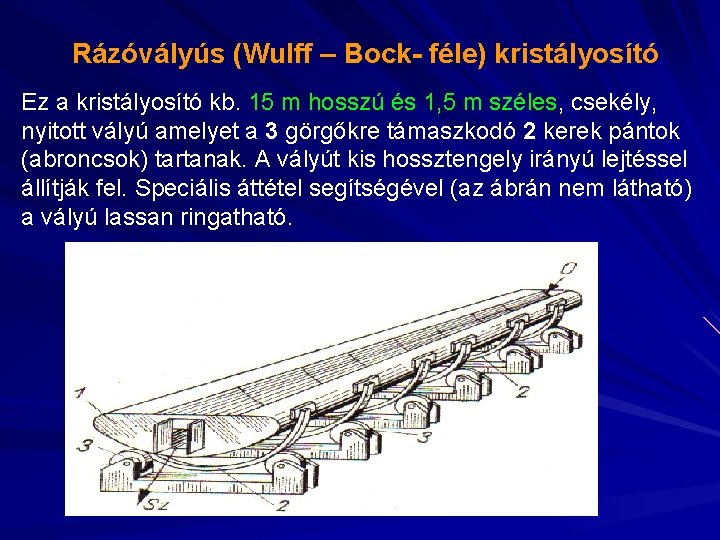 Rázóvályús (Wulff – Bock- féle) kristályosító Ez a kristályosító kb. 15 m hosszú és