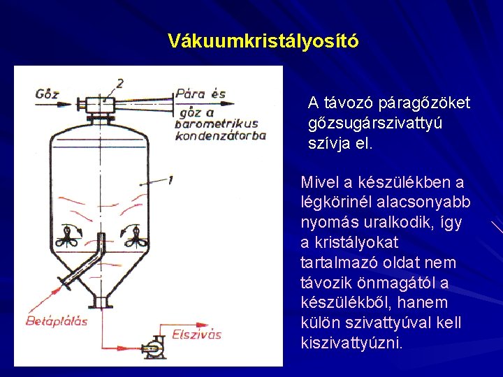 Vákuumkristályosító A távozó páragőzöket gőzsugárszivattyú szívja el. Mivel a készülékben a légkörinél alacsonyabb nyomás