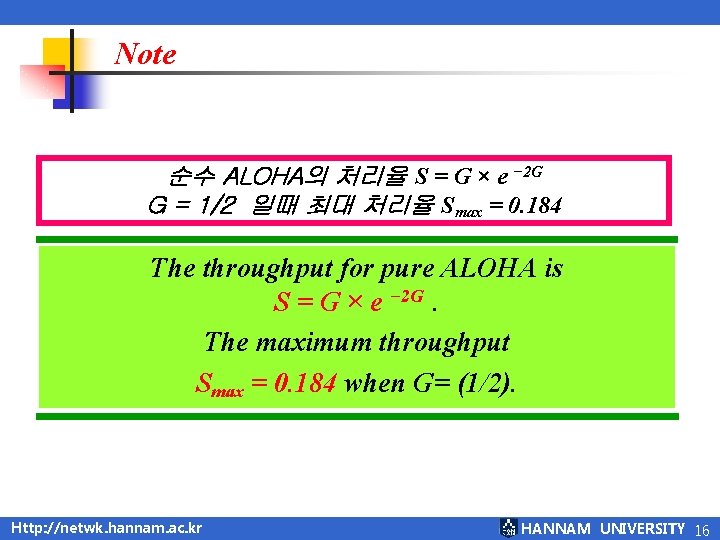 Note 순수 ALOHA의 처리율 S = G × e − 2 G G =