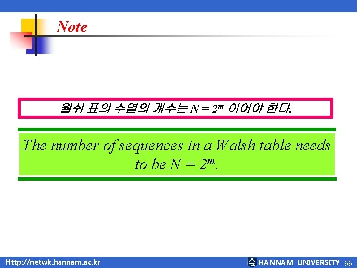 Note 월쉬 표의 수열의 개수는 N = 2 m 이어야 한다. The number of