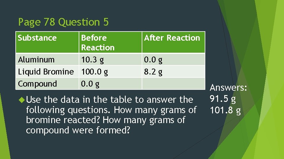 Page 78 Question 5 Substance Before Reaction Aluminum 10. 3 g Liquid Bromine 100.