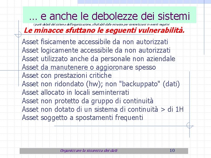 … e anche le debolezze dei sistemi i punti deboli del sistema dell’organizzazione, sfruttabili