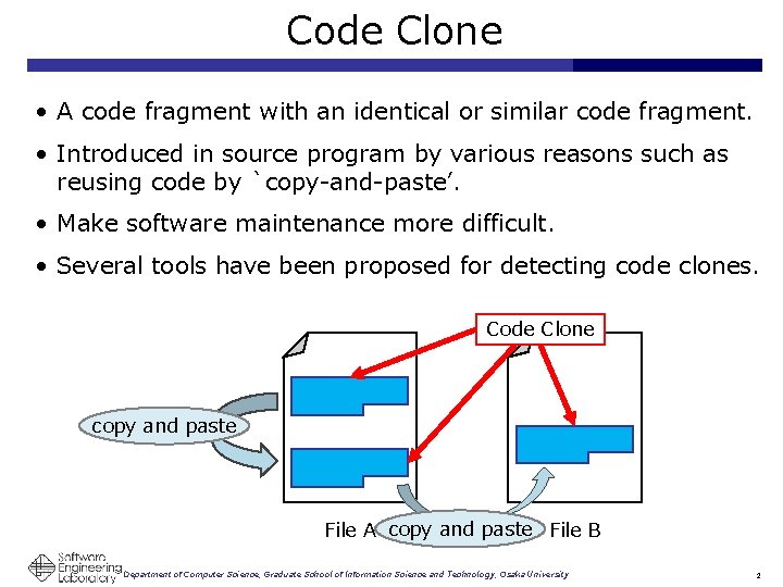 Code Clone • A code fragment with an identical or similar code fragment. •