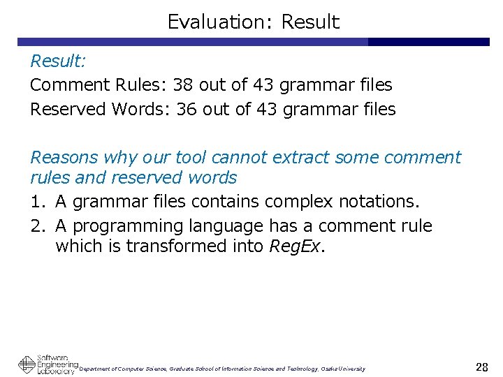 Evaluation: Result: Comment Rules: 38 out of 43 grammar files Reserved Words: 36 out