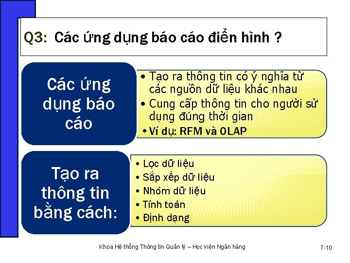 Q 3: Các ứng dụng báo cáo điển hình ? Các ứng dụng báo