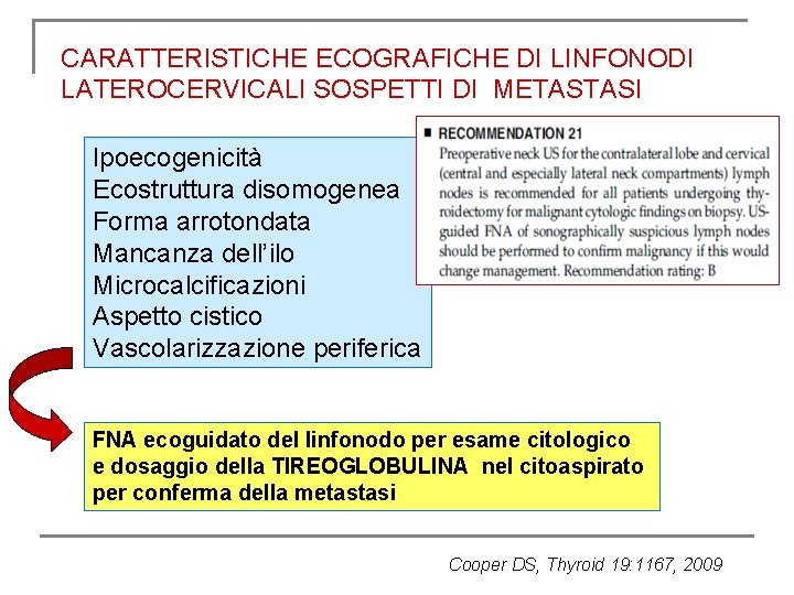 CARATTERISTICHE ECOGRAFICHE DI LINFONODI LATEROCERVICALI SOSPETTI DI METASTASI Ipoecogenicità Ecostruttura disomogenea Forma arrotondata Mancanza CARATTERISTICHE ECOGRAFICHE DI LINFONODI LATEROCERVICALI SOSPETTI DI METASTASI Ipoecogenicità Ecostruttura disomogenea Forma arrotondata Mancanza