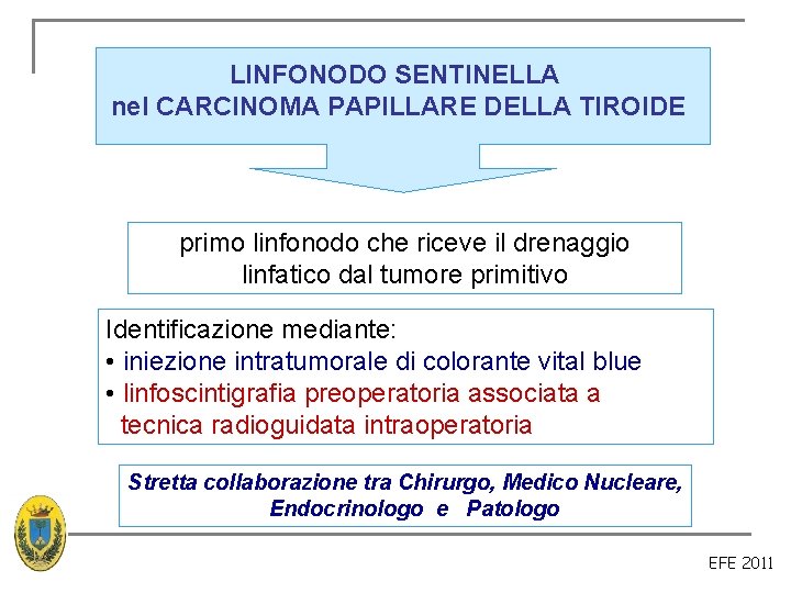 LINFONODO SENTINELLA nel CARCINOMA PAPILLARE DELLA TIROIDE primo linfonodo che riceve il drenaggio linfatico LINFONODO SENTINELLA nel CARCINOMA PAPILLARE DELLA TIROIDE primo linfonodo che riceve il drenaggio linfatico